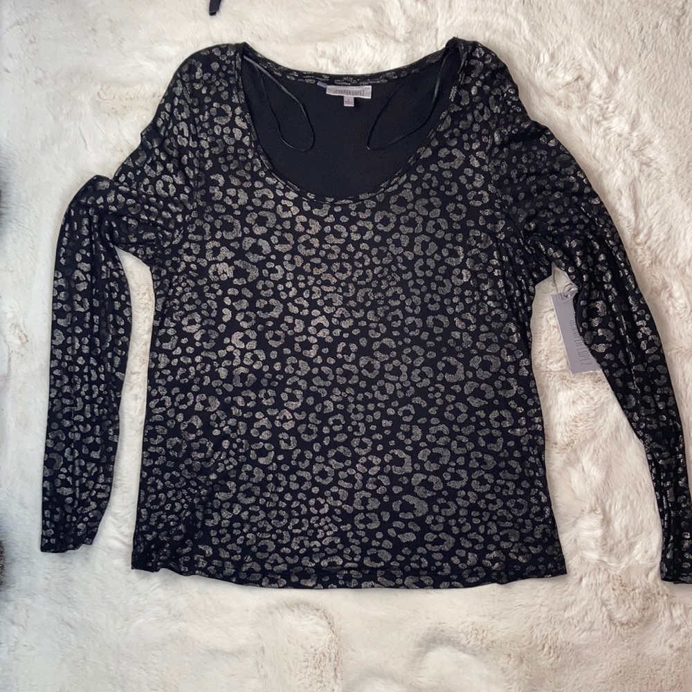 Jennifer Lopez long sleeve tee with silver leopard print